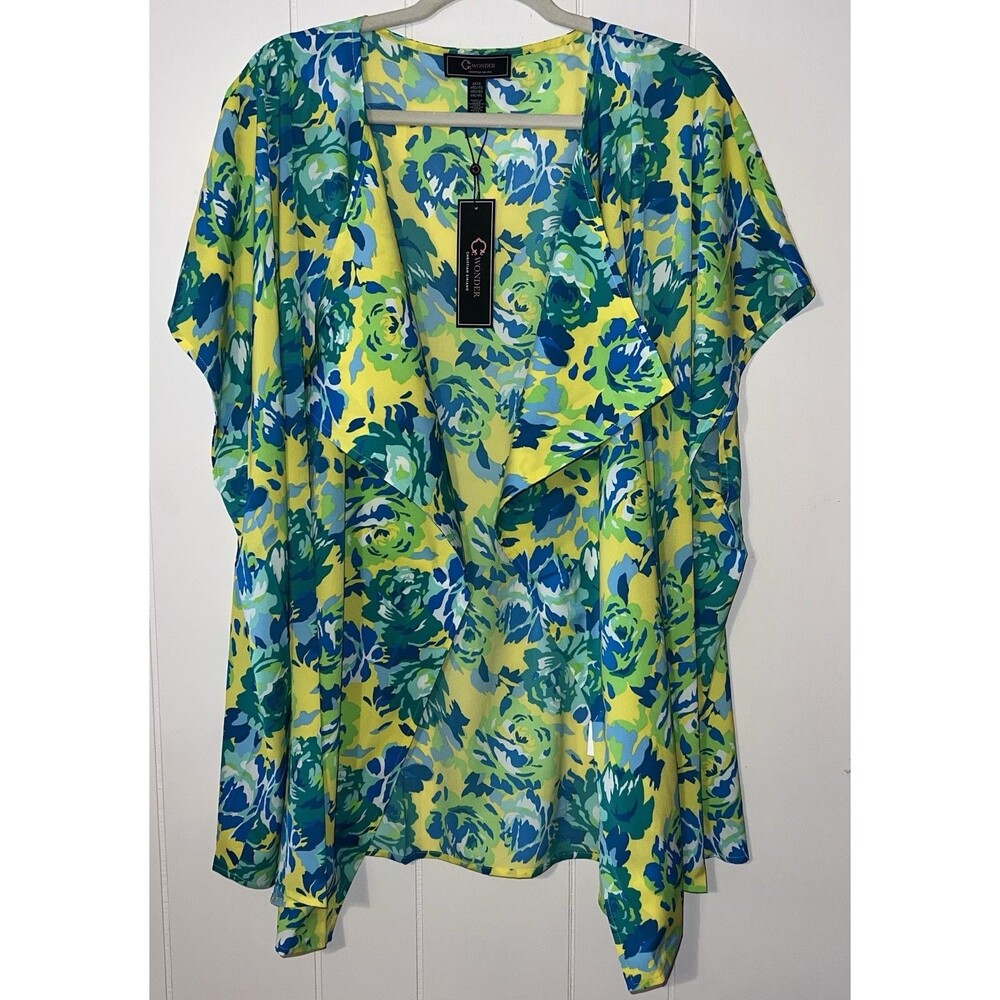 C Wonder Short Sleeve Topper Size 0X Green Yellow Floral Open Front